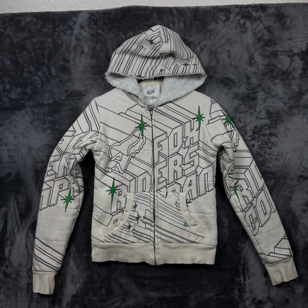 Fox Racing Zip Up Hoodie Girls XS Cream All Over Print Sherpa Lined Motocross